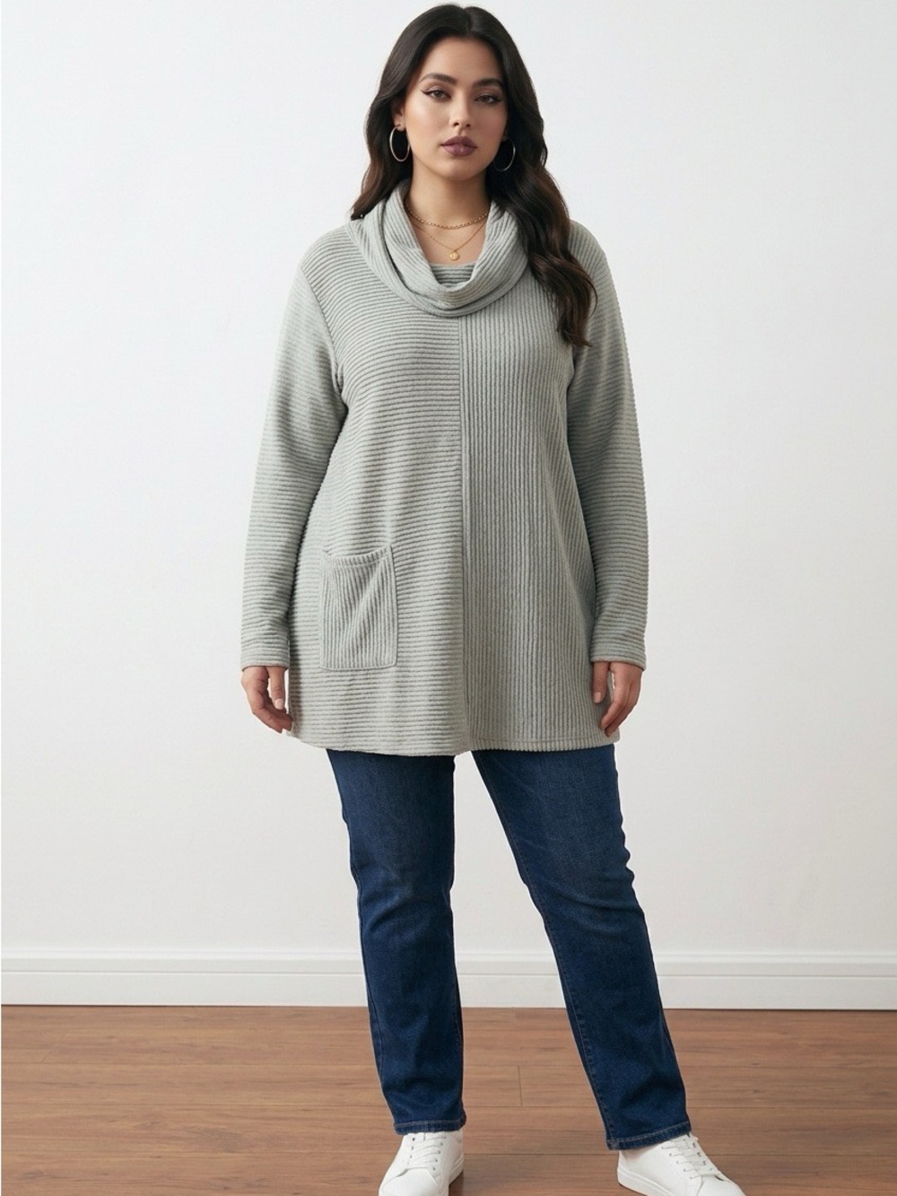 One World Textured Cowl Neck Tunic Sweater